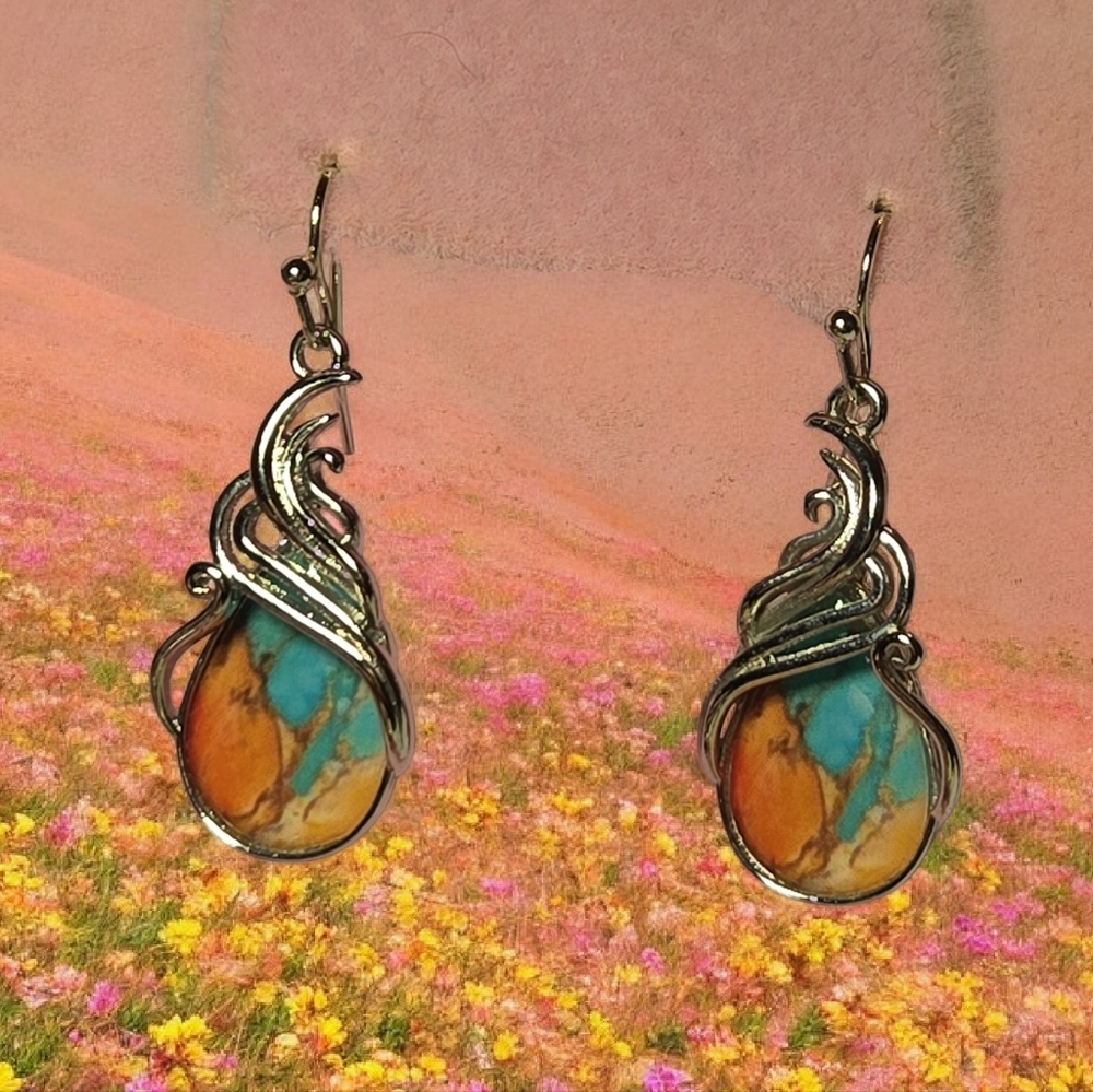 Faux Turquoise, Orange, Yellow & Silver Tone Long Dangle Drop Pierced Earrings